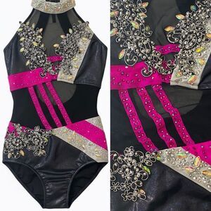 Glamour solo dance costume hot pink black embellished rhinestone bling LC child